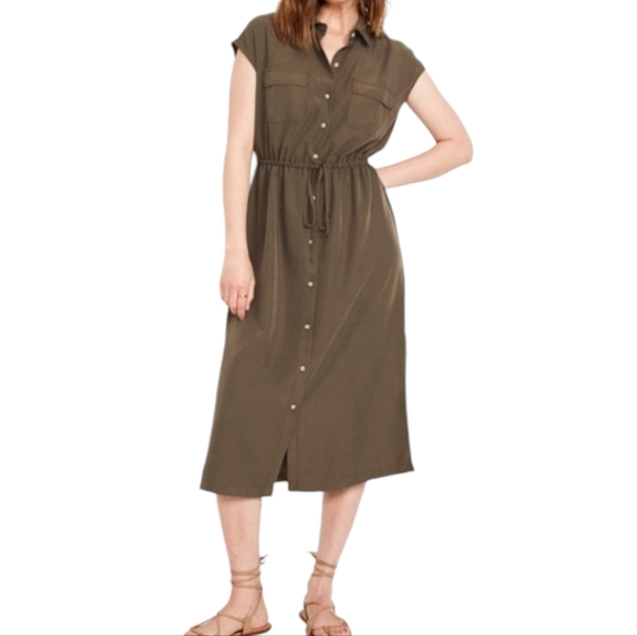 Old Navy Utility Midi Shirt Dress Olive Green Petite XLP Waist-Defined - Picture 1 of 14